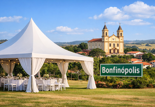 Aluguel de Tendas em Bonfinópolis | Estrutura para Eventos ao Ar Livre Tenda branca montada para evento ao ar livre em Bonfinópolis, ideal para festas, eventos corporativos e celebrações