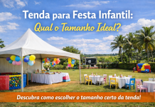 Tenda para Festa Infantil: Qual o Tamanho Ideal? Tenda branca montada para festa infantil ao ar livre com mesas, balões coloridos e brinquedos