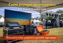 Como Proteger Equipamentos em Eventos Externos Equipamentos de som e iluminação protegidos por tenda profissional em evento ao ar livre