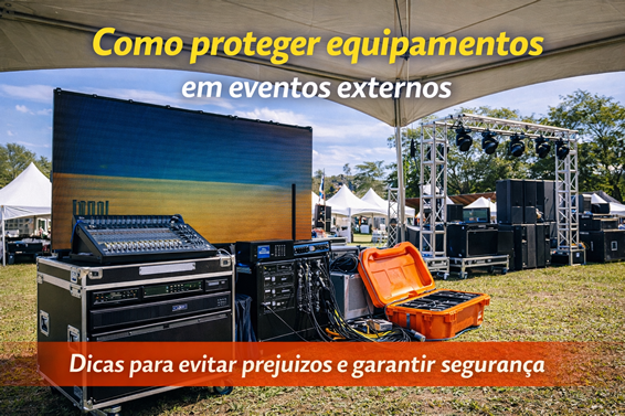 Proteção de Equipamentos em Eventos Externos com Tenda Equipamentos de som e iluminação protegidos por tenda profissional em evento ao ar livre