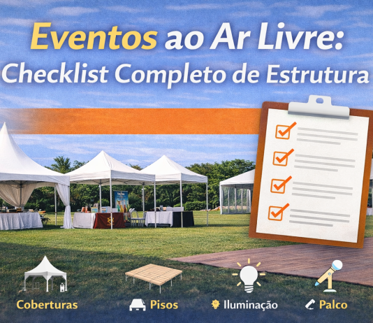 Eventos ao Ar Livre: Checklist Completo de Estrutura Estrutura completa para eventos ao ar livre com tendas, piso, iluminação e palco montados em área externa