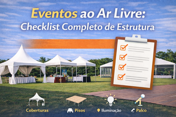 Estrutura completa para eventos ao ar livre com tendas, piso, iluminação e palco montados em área externa