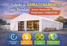 Galpão de Armazenamento com Tendas: Estrutura Rápida e Econômica Galpão de armazenamento com estrutura de tenda utilizado para proteger mercadorias e equipamentos