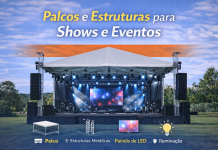 Palcos e Estruturas para Shows e Eventos Palco profissional com estrutura metálica, iluminação e painel de LED para shows e eventos ao ar livre