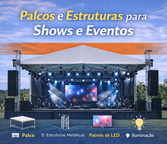 Palcos e Estruturas para Shows e Eventos Palco profissional com estrutura metálica, iluminação e painel de LED para shows e eventos ao ar livre