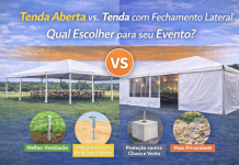 Tenda Aberta vs. Tenda com Fechamento Lateral: Qual Escolher? Comparação entre tenda aberta e tenda com fechamento lateral utilizadas em eventos ao ar livre