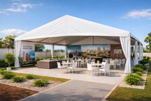 Tendas para lançamentos imobiliários Tenda para lançamento imobiliário com estrutura profissional e ambiente de atendimento