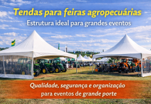 Tendas para Feiras Agropecuárias: Estrutura Ideal para Grandes Eventos Tendas para feiras agropecuárias com exposição de máquinas agrícolas em evento ao ar livre