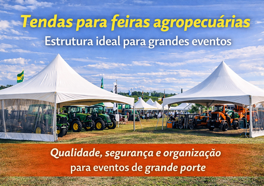 Tendas para Feiras Agropecuárias: Estrutura Ideal para Grandes Eventos Tendas para feiras agropecuárias com exposição de máquinas agrícolas em evento ao ar livre