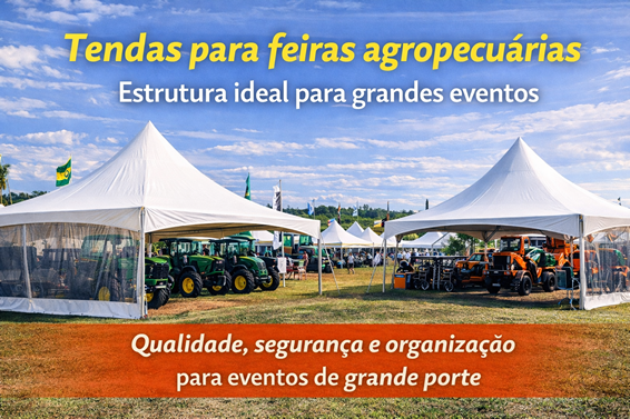 Tendas para Feiras Agropecuárias – Estrutura para Grandes Eventos Tendas para feiras agropecuárias com exposição de máquinas agrícolas em evento ao ar livre