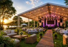Como Montar Evento ao Ar Livre (Guia Completo) Evento ao ar livre com tenda estruturada, palco, mesas e iluminação profissional montados em área externa