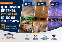Qual tamanho de tenda escolher para 50, 100 ou 200 pessoas? Tenda para eventos com estrutura montada para 50, 100 e 200 pessoas com mesas e iluminação profissional