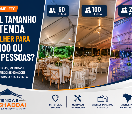 Qual tamanho de tenda escolher para 50, 100 ou 200 pessoas? Tenda para eventos com estrutura montada para 50, 100 e 200 pessoas com mesas e iluminação profissional
