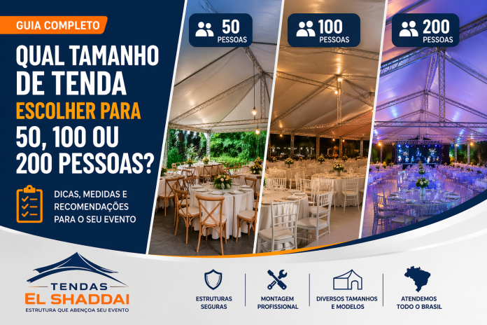 Tenda para eventos com estrutura montada para 50, 100 e 200 pessoas com mesas e iluminação profissional