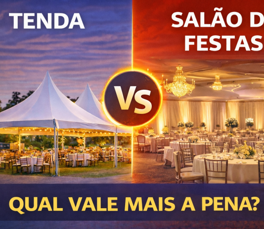Tenda vs Salão de Festas: Qual Vale Mais a Pena? Comparação entre tenda para eventos ao ar livre e salão de festas com estrutura interna iluminada