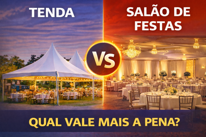 Comparação entre tenda para eventos ao ar livre e salão de festas com estrutura interna iluminada