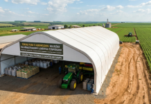 Tendas para o Agronegócio Uma grande tenda galpão branca montada em um campo agrícola, abrigando um trator verde e paletes de insumos. Ao fundo, uma plantação de soja sob céu ensolarado.