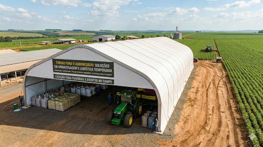 Tendas Galpão para Armazenagem Temporária no Agronegócio Uma grande tenda galpão branca montada em um campo agrícola, abrigando um trator verde e paletes de insumos. Ao fundo, uma plantação de soja sob céu ensolarado.