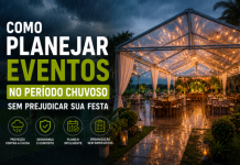 Como Planejar Eventos no Período Chuvoso Sem Prejudicar sua Festa Evento ao ar livre protegido por estrutura elegante durante chuva com iluminação decorativa e ambiente confortável para convidados