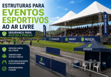 Estruturas para Eventos Esportivos ao Ar Livre Estruturas para eventos esportivos ao ar livre com tendas, arquibancadas cobertas e área de apoio para atletas e público