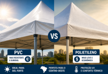 Tenda PVC vs Polietileno: Qual é Melhor? Comparação entre tenda de PVC e tenda de polietileno mostrando resistência ao sol forte e durabilidade em eventos ao ar livre