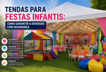 Tendas para Festas Infantis: Como Garantir a Diversão com Segurança Tenda para festa infantil com decoração colorida, brinquedos, iluminação decorativa e ambiente seguro para crianças
