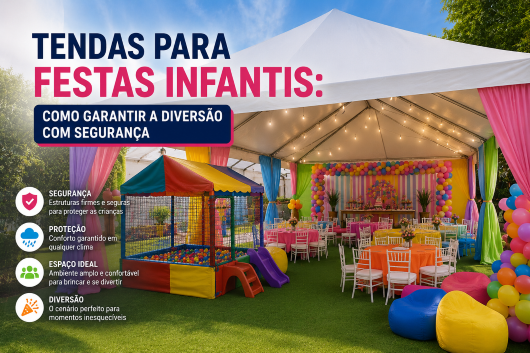 Tendas para Festas Infantis: Como Garantir a Diversão com Segurança Tenda para festa infantil com decoração colorida, brinquedos, iluminação decorativa e ambiente seguro para crianças