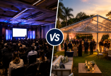 Evento Indoor ou Outdoor? Qual Escolher para Seu Evento Comparação entre evento indoor em ambiente moderno e evento outdoor ao ar livre com estrutura elegante e convidados