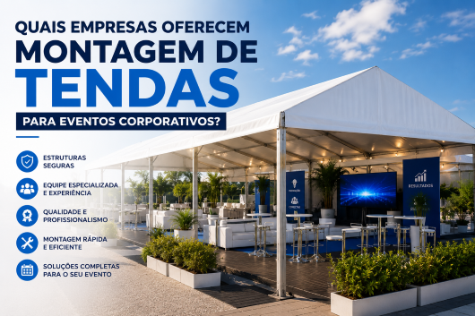 Tenda corporativa montada para evento empresarial ao ar livre