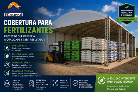 Cobertura para Fertilizantes | Tendas El Shaddai Cobertura para fertilizantes com estrutura metálica e lona PVC protegendo fertilizantes ensacados em um galpão agrícola da Tendas El Shaddai.