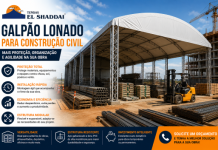 Galpão Lonado para Construção Civil: Mais Proteção, Organização e Agilidade na Obra Galpão lonado instalado em um canteiro de obras protegendo materiais de construção, equipamentos e máquinas com estrutura metálica e cobertura em lona PVC.