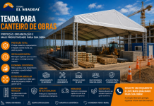 Tenda para Canteiro de Obras: Proteção, Organização e Mais Produtividade Tenda para canteiro de obras da Tendas El Shaddai com estrutura metálica e cobertura em lona PVC protegendo materiais de construção, máquinas, equipamentos e áreas de apoio contra chuva, sol e intempéries.