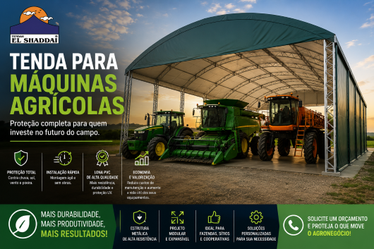 Tenda para Máquinas Agrícolas | Tendas El Shaddai Tenda para máquinas agrícolas protegendo tratores, colheitadeiras e implementos em uma fazenda. Estrutura metálica com cobertura em lona PVC de alta resistência para o agronegócio.