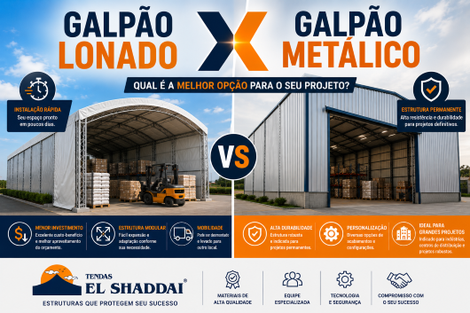 Galpão Lonado x Galpão Metálico: Descubra Qual é a Melhor Opção Comparação entre um galpão lonado e um galpão metálico da Tendas El Shaddai, destacando diferenças de instalação, durabilidade, flexibilidade e custo-benefício.