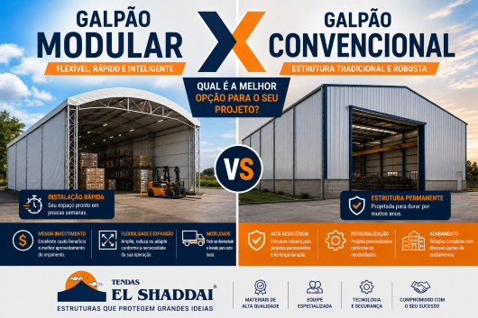 Galpão Modular x Galpão Convencional: Descubra Qual é a Melhor Opção Comparação entre um galpão modular e um galpão convencional, destacando tempo de instalação, flexibilidade, expansão e custo-benefício.