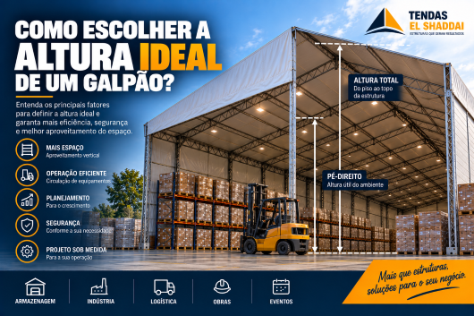 Como Escolher a Altura Ideal de um Galpão | Tendas El Shaddai Galpão industrial com indicação de altura total e pé-direito para armazenagem