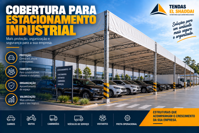 Cobertura para estacionamento industrial com carros e veículos protegidos