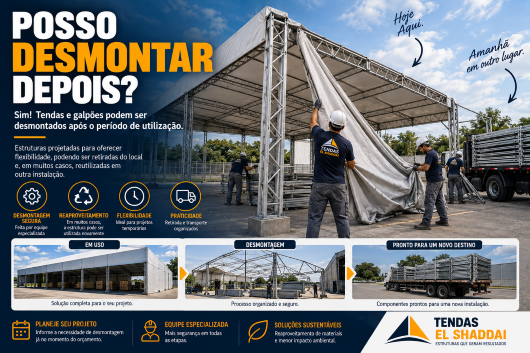 Posso Desmontar Depois? Tenda e Galpão Desmontável | Tendas El Shaddai Tenda desmontável sendo desmontada por equipe especializada