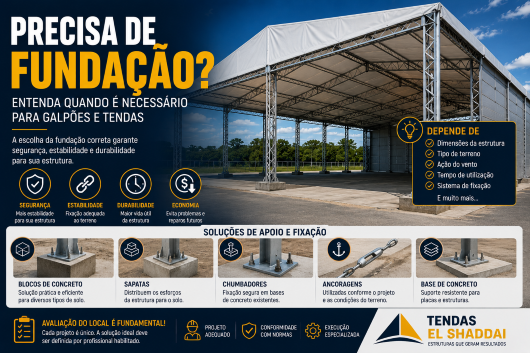 Precisa de Fundação? Galpões e Tendas | Tendas El Shaddai Galpão com estrutura metálica sobre base de concreto para apoio e fixação